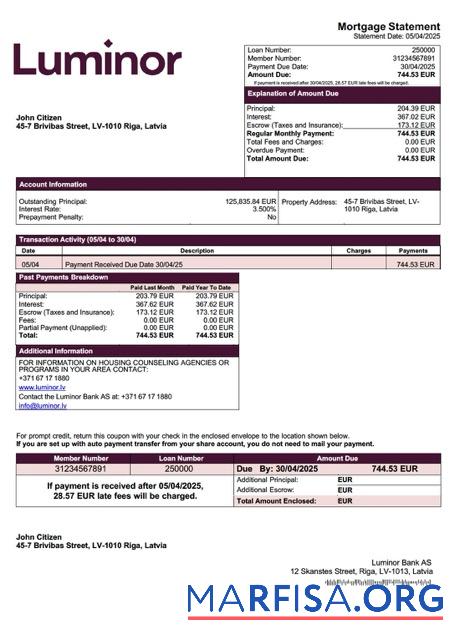 Blank Latvia Luminor Bank AS mortgage statement Word and PDF template